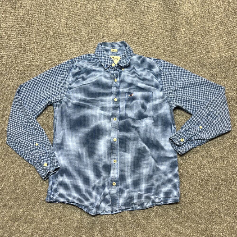 Hollister Shirt Mens Small Blue Check Stretch Button Front Long Sleeve